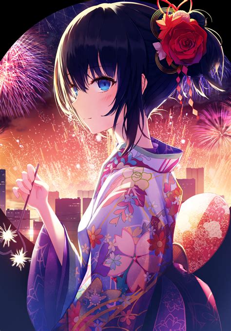 Hintergrundbilder Anime M Dchen Blume Im Haar Schwarzes Haar Blaue Augen Kimono Feuerwerk