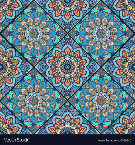 Boho Tile Flower Squares Colorful Blue Royalty Free Vector