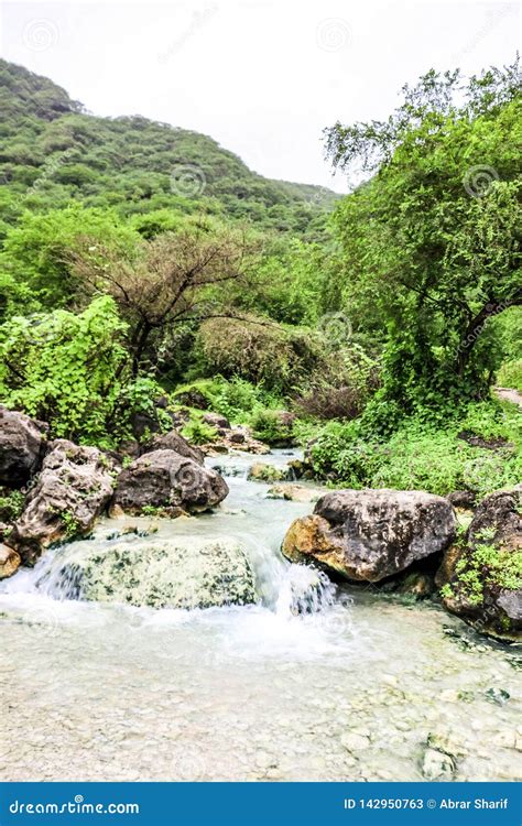 Waterfall In Ayn Khor And Lush Green Landscape Trees And Foggy