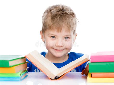 Small Boy Reading Books Isolated On White Background Stock Image