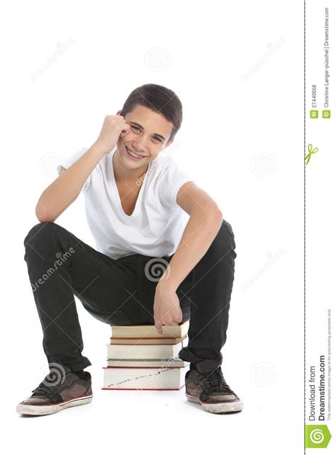 Happy Teenage Student Sitting On His Books Stock Photo Image Of