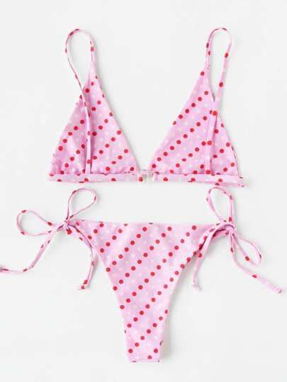 Polka Dot Print Side Tie Triangle Bikini Set Shein Sheinside