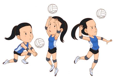 Personaje De Dibujos Animados Del Jugador De Voleibol En Diferentes Poses Vector Premium