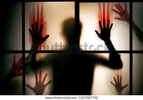 Silhouette Scared Man Red Bloody Hands Stock Photo 1327087742