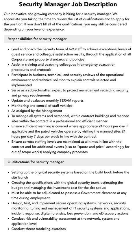 Security Manager Job Description Velvet Jobs
