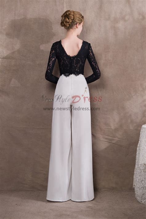 Black Lace Top And Chiffon Two Piece Wedding Pantsuits Pants Np 0426
