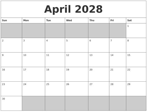 Printable Blank April Calendar Printable World Holiday