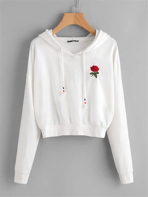 Drop Shoulder Rose Embroidered Hoodie Sheinsheinside