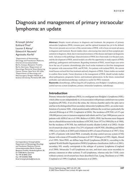 Pdf Diagnosis And Management Of Primary Intraocular Lymphoma An Update