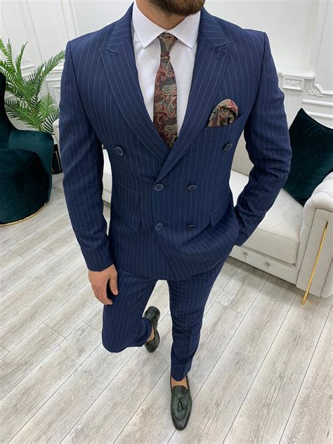 Buy Navy Blue Slim Fit Double Breasted Pinstripe Suit By Gentwith Com