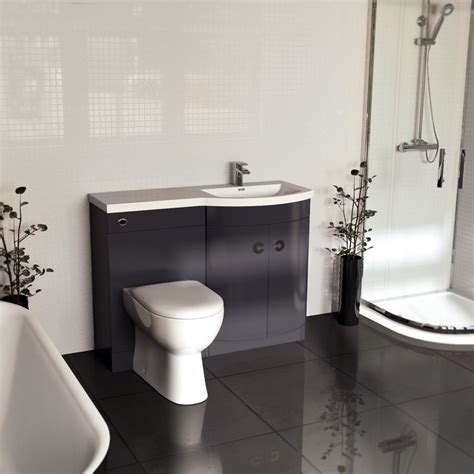 Delridge bath suite with two 30 in. Paris Right Hand Curved 1100mm Grey Gloss Vanity Unit ...