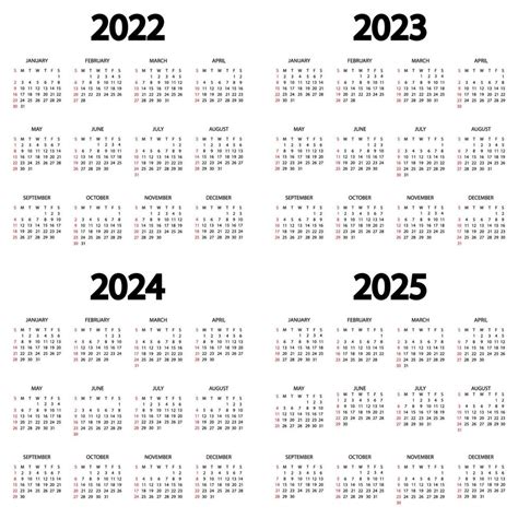 Calendário 2022 2023 2024 Ano 2025 A Semana Começa No Domingo