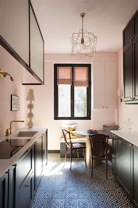 Dusky Pink Walls With A Black Kitchen Interior Design By Anne Sophie