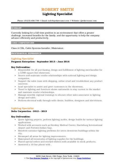 Lighting Specialist Resume Samples Qwikresume