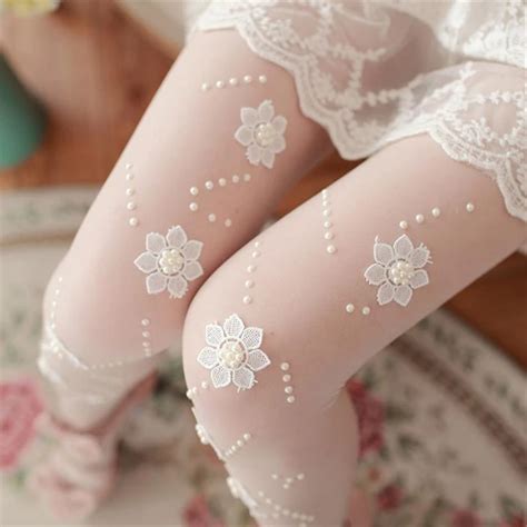 Girls Women Sexy Pantyhose White Flower Applique Silk Stockings Ultra Thin Transparent Slim