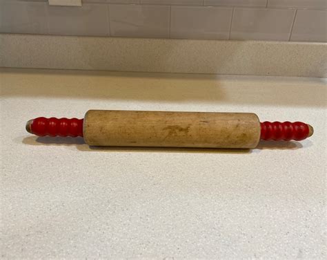 Vintage Wooden Rolling Pin Red Handles Works Well Great Condition