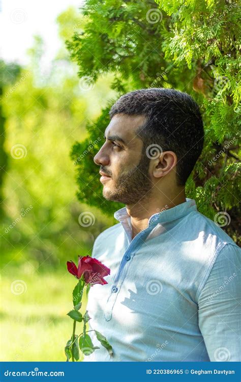 Pretty Young Man In The Garden Man With Rose Stock Image Image Of