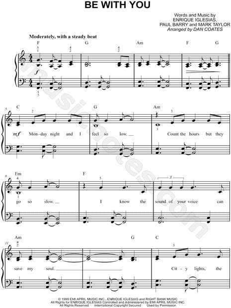 Enrique Iglesias Be With You Sheet Music Easy Piano In C Major