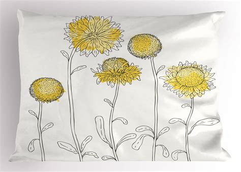Yellow Flower Pillow Sham Hand Drawn Style Sunflowers On Twigs Petals