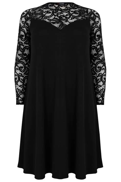 Black Swing Dress With Lace Yoke And Sleeves Plus Size 16 To 36