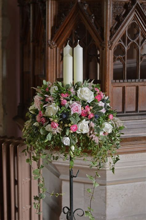 Church Weddings Church Pedestal Flowers With Candles Using Roses
