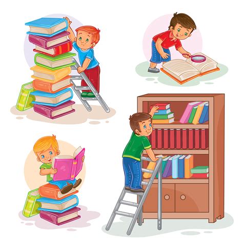 Set Icons Of Small Children Reading A Book Download Free Vectors
