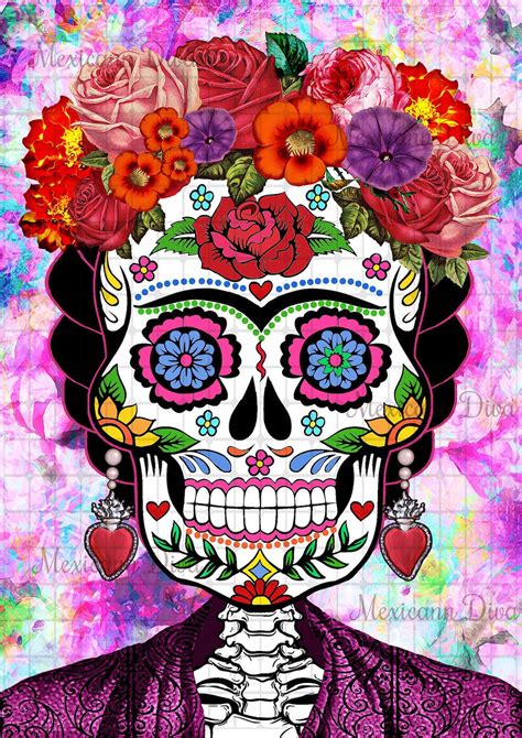 Frida Kahlo Sugar Skull Día De Muertos Digital Collage Instant Etsy