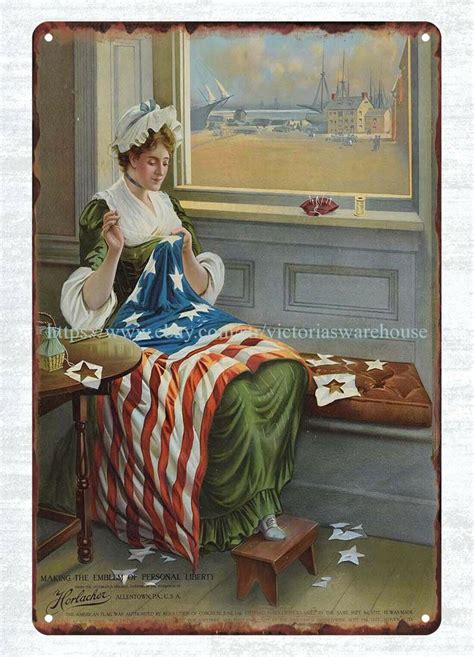 1909 Horlacher Beer Betsy Ross Sewing Stars On American Flag Metal Tin