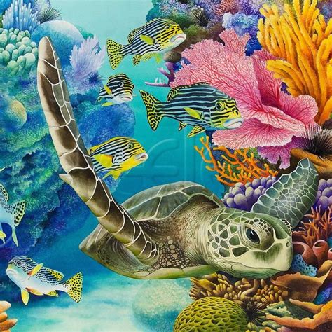 Art Tile Of Colorful Reef Big Green Sea Turtle Sweetlips Fish Coral