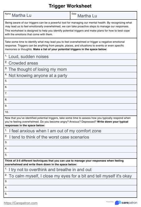 Printable Emotional Triggers Worksheet