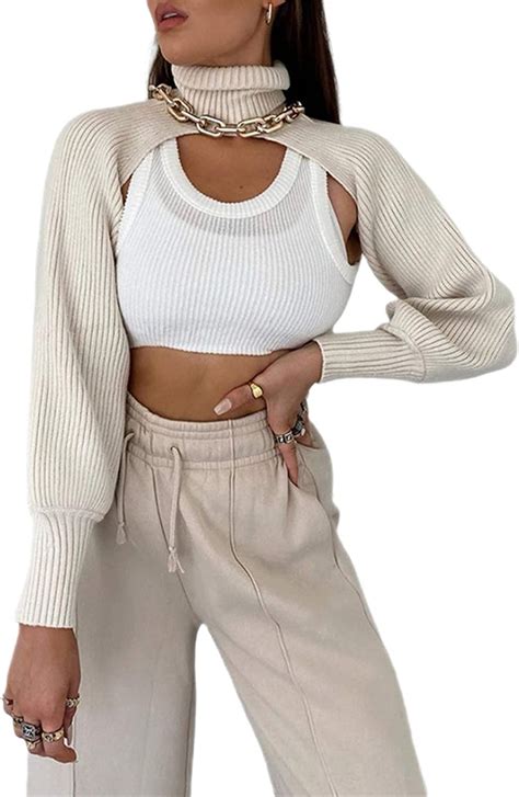 Womens High Collar Long Puff Sleeve Sweater Knitwear Pullover Crop Top