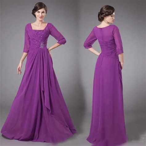 Purple Chiffon Long Modest Bridesmaid Dresses With 34 Sleeves Square Beaded Formal Wedding
