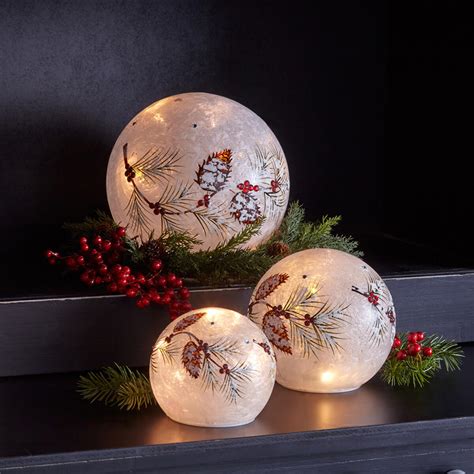 Led Frosted Glass Globes With Pinecones And Jeweled Berries Set Of 3 Seasonal And Holiday Home