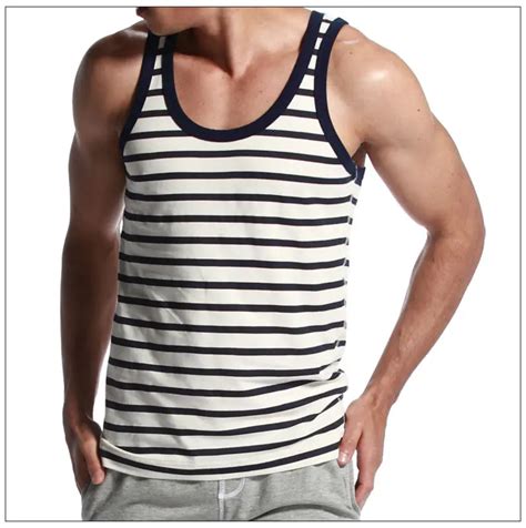 Newest Mens Stripe Tank Tops Mens Cotton Vest Male Dark Blue Striped