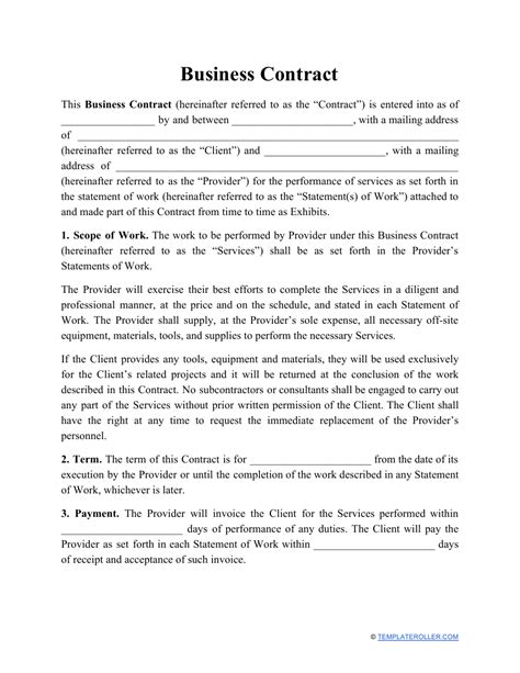 Business Contract Template Download Printable PDF | Templateroller