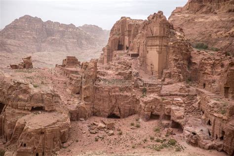 Ruins Of The Ancient City Of Petra In The Siq Canyon Top View Stock