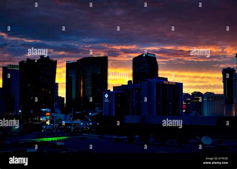 Las Vegas Skyline At Sunset With Dramatic Sky Stock Photo Alamy