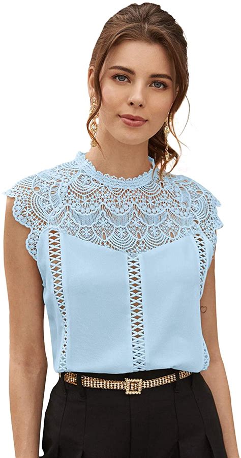 Shein Womens Elegant Cap Sleeve Keyhole Contrast Lace Blouses Tops