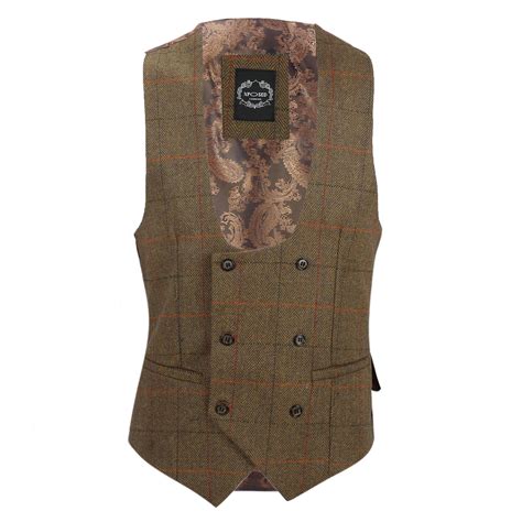 Mens Double Breasted Tweed Check Waistcoat Retro Horseshoe Cut