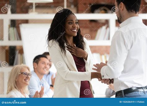 Happy Proud Black Female Employee Get Rewarded Handshake Caucasian Boss
