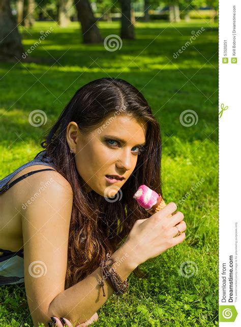 Beautiful Girl Eat Ice Cream Stock Image Image Of Picnic Caucasian 57520251