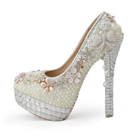 8cm10cm12cm14cm Women Fashion White Crystal Wedding Shoes Pearl