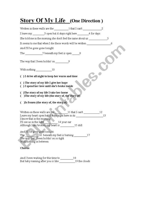 The Story Of My Life One Direction Esl Worksheet By