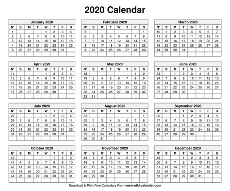 Free Printable Year 2020 Calendar Wiki Calendarcom