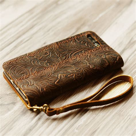 Womens Tooled Leather Iphone Wallet Case Handmade Brown 408