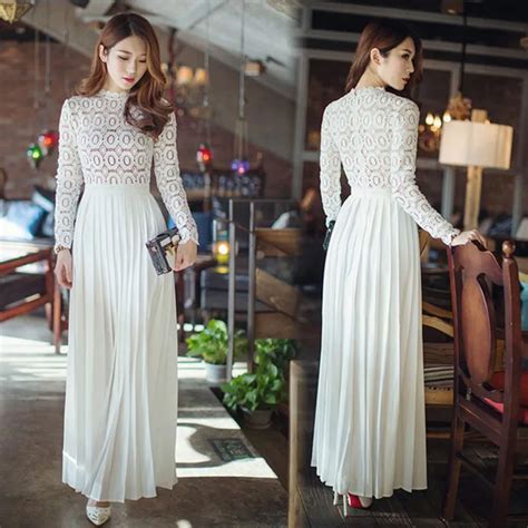 Ladies Summer White Long Sleeve Crochet Runway Pleated Maxi Dress 2016