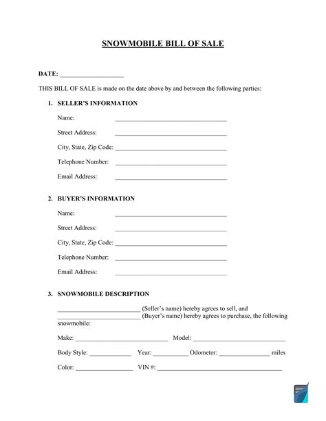 Free Snowmobile Bill Of Sale Form Download Pdf Formspal