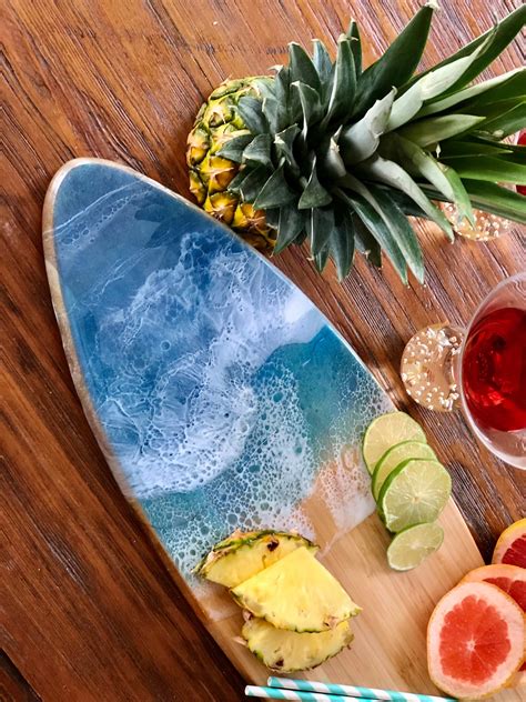 Surfboard Charcuterie Board Surfboard Resin Waves Serving Etsy