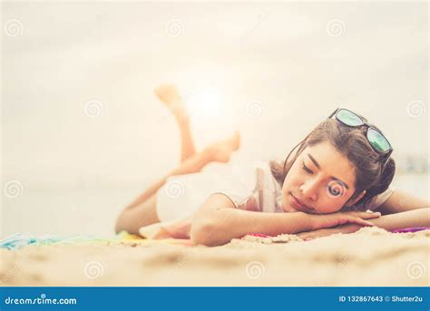 Beauty Woman Lying On Beach Sea And Ocean Background People And Stock Image Image Of Sand