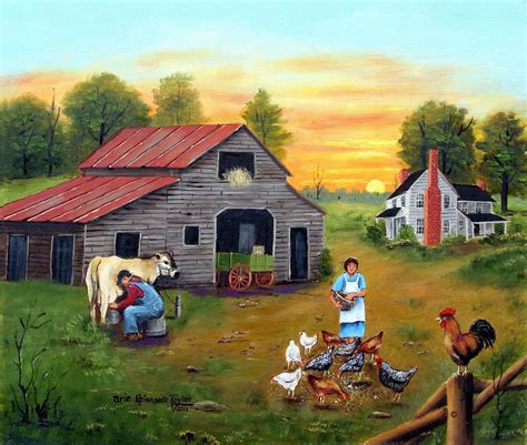 Folk Art 8x10 Print Milking Cow Woman Feeding Chicken Etsy Country